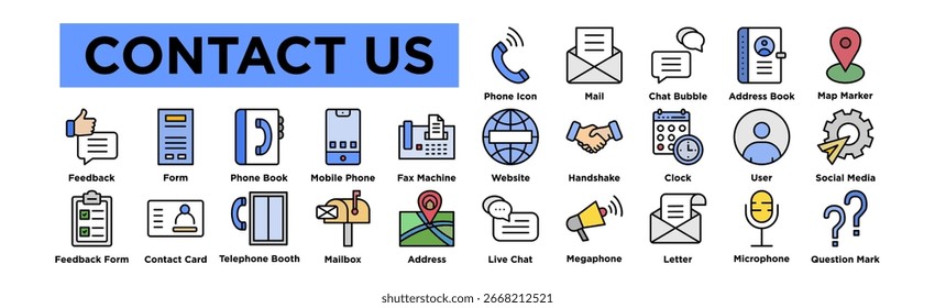 Contáctenos conjunto de iconos. Icono de trazo editable Colección. Teléfono, Correo, Burbuja de chat, Libro de Direcciones, Marcador de mapa, Sitio web, Apretón de manos, Reloj, Usuario, Redes sociales, Comentarios, Formulario, Libreta de teléfonos, Teléfono móvil, 