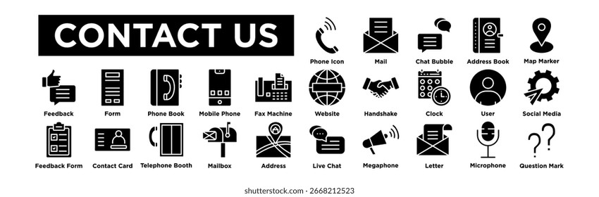 CONTACT US icon set. Editable Stroke Icon Collection. Phone, Mail, Chat Bubble, Address Book, Map Marker, Website, Handshake, Clock, User, Social Media, Feedback, Form, Phone Book, Mobile Phone, 