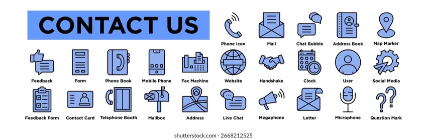 Contáctenos conjunto de iconos. Icono de trazo editable Colección. Teléfono, Correo, Burbuja de chat, Libro de Direcciones, Marcador de mapa, Sitio web, Apretón de manos, Reloj, Usuario, Redes sociales, Comentarios, Formulario, Libreta de teléfonos, Teléfono móvil, 