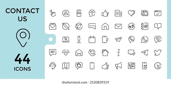 Contacte-nos o conjunto de ícones. e-mail, chat, localização, smartphone, conversa, calendário e muito mais, vetor de linha simples. Pacote fino de ícones de estrutura de tópicos. Ilustração vetorial