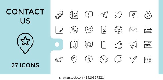 Contact us icon set. email, chat, location, smartphone, conversation, calendar and more, Simple line vector. Thin outline icons pack. Vector illustration
