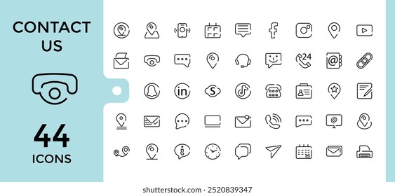 Contact us icon set. email, chat, location, smartphone, conversation, calendar and more, Simple line vector. Thin outline icons pack. Vector illustration