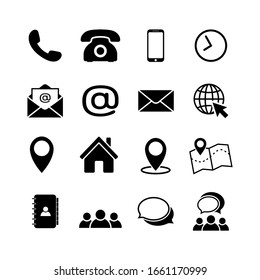 Contact Us Icon Set In Flat Style. Phone, Smartphone, Clock, Email, Globe, Location, House, Map, Address, Chat Symbols Isolated On White Background. Simple Abstract Icons In Black Vector Illustration