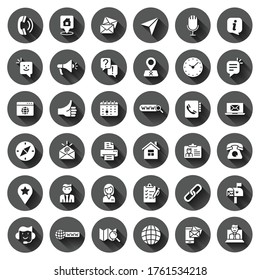 Contact us icon set in flat style. Mobile communication vector illustration on black round background with long shadow effect. Phone call circle button business concept.