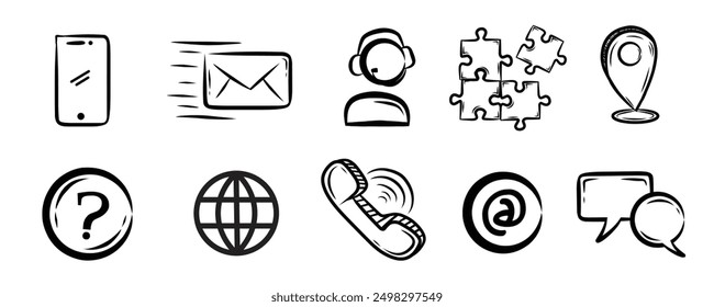 Contact us icon set. hand drawn doodle outline style. Vector set with customer support black and white symbols - chat, email, phone and others.