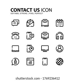 Contact Us Icon Set Line Style. Editable Stroke And Pixel Perfect. Vector Illustration