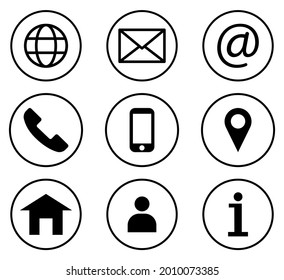 Setzen Sie sich mit uns in Verbindung. Line Art Stil. Symbol für Telefon, Name, Website, Adresse, Ort und E-Mail-Logo-Zeichenpaket. Vektorsymbol