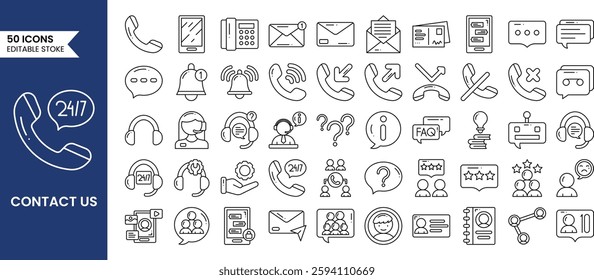 Contact us icon set in line style. Support, mobile, phone, talk, call center and more. Vector illustration
