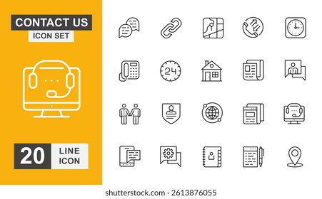 Contact us icon set. Message, support, email, asking, customer, telephone and more line icon.
