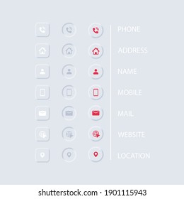 Contact us icon set in Neumorphism. Communication symbol for your web site design, logo, app, UI. Contact button. Vector, mail, phone, globe, address, com, email. UI icons set. Neumorphic UI UX white 