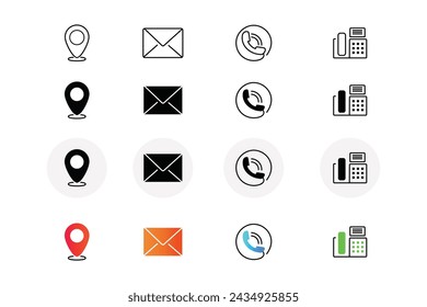 Vector de esquema del conjunto de iconos para el sitio web y las aplicaciones móviles Elementos de la página de las preguntas del negocio,
 Conjunto De Iconos De Información De Contacto Para Uso Con Tarjeta De Presentación En Línea, 
Iconos de teléfono, correo electrónico, ubicación, fax