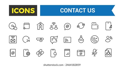 Contact us icon set. Outline icons pack. Icon collection. Editable vector icon and illustration.