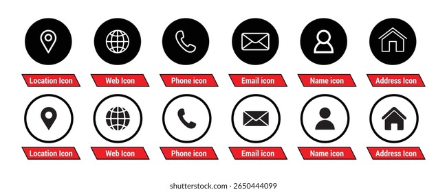 Contact us icon set. Phone, Location, Website, Email, Name, Address, Home  icon set. Visiting card icon set. Set of contact us icons for web and website. Vector eps 10