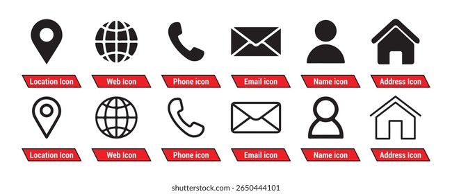 Contact us icon set. Phone, Location, Website, Email, Name, Address, Home  icon set. Visiting card icon set. Set of contact us icons for web and website. Vector eps 10