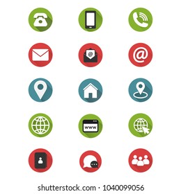 Contact us icon set. Simple vector icons set on white background. Phone, smartphone, email, location, house, globe, address, chat.