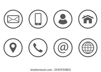 Contáctenos icono conjunto Vector. Señales de contacto por teléfono, correo, correo electrónico, Dirección, página de Web. Símbolos para el contacto en el fondo blanco aislado