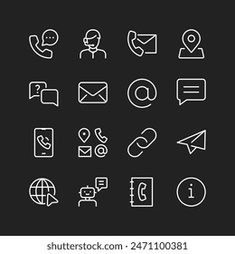 Contact us icon set, white on black background. Options for contacting business support. Consultation, question answering. Customizable thickness.