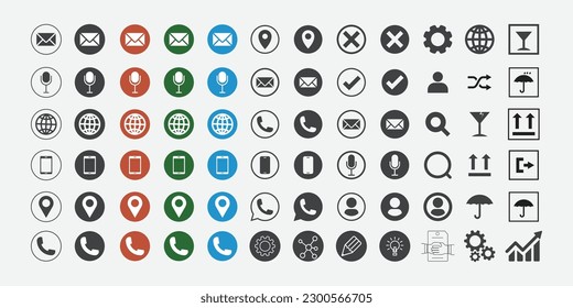 Contact us icon vector. Communication icon set: web icon, contact us icon, blog, and social media round signs Contact as flat, solid style, isolated, and easy to change color and size,  SET (LOT)
