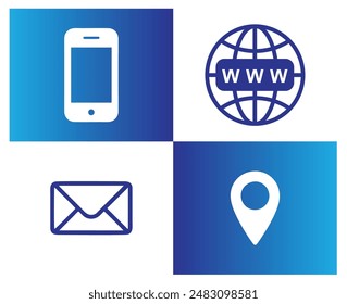 Contáctenos icono Vector. Conjunto de iconos de comunicación
Móvil, Sitio web, Locación de correo, iconos en esquema de degradado azul, aislado con fondo blanco.