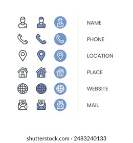 Contact us icon vector. Communication icon set.Name, phone, mobile, place, location, mail, website and message card sign. 