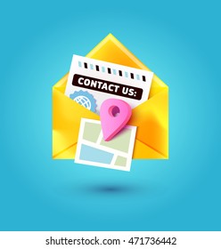 Contact us icon. Vector illustration of envelope with map and location pin.