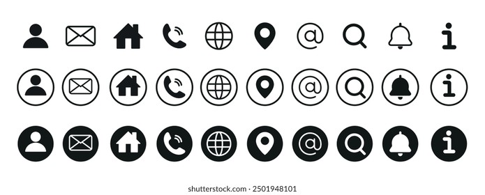 Contáctenos icono. Conjunto de iconos web, hogar, llamada, correo electrónico, Dirección, globo, chat, mensaje, ubicación, en, correo, sobre, teléfono, información, Asistencia, búsqueda, Sitio web, icono. СIcono de contacto de comunicación.