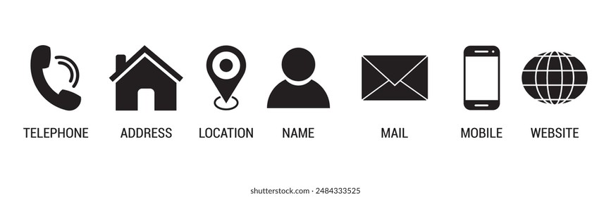Contáctenos icono. Conjunto de iconos de Sitio web, hogar, llamada, correo electrónico, Dirección, ubicación, globo, mensaje de chat, correo, sobre, móvil, teléfono, información, Sitio web, icono, Ilustración vectorial.
