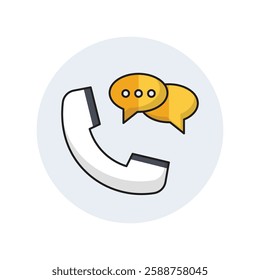 Contact Us Icon: White telephone handset with two yellow speech bubbles containing 3 dots, symbolizing communication and customer support. Ideal for website, application to encourage user interaction