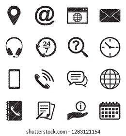 Contact Us Icons. Black Scribble Design. Vector Illustration.