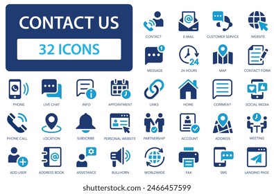 Contact us icons collection. Assistance in the operation of services and websites. Phone, support, chat, address, customer service, call. Simple flat vector icon.