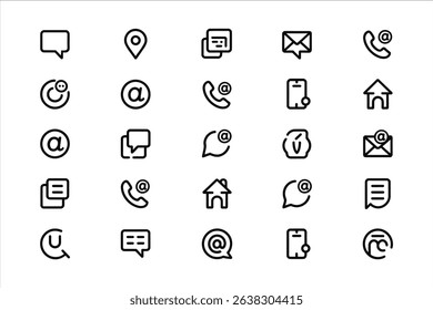 Contact Us Icons: A collection of simple, modern contact icons for websites and apps.  Includes email, phone, address, chat, and location symbols. Perfect for user interface design.