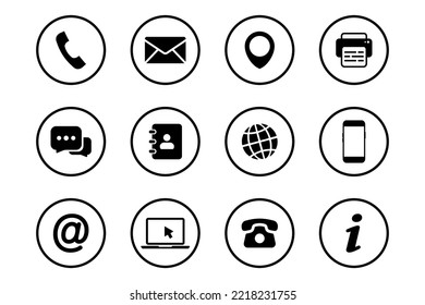 Contact us icons. Communication icons set. Business card contact information symbols. Set of Contact Us icon of differents styles. Vector illustration