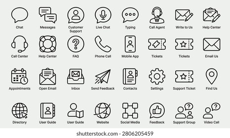 Contact us icons include chat messages customer support live chat typing call agent write to us help center call center faq phone call mobile app tickets email us appointments open email inbox send feedback contacts settings support ticket find us directory user guide website social media feedback support group video call. Vector illustration.