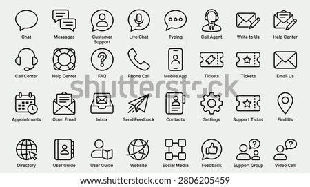 Contact us icons include chat messages customer support live chat typing call agent write to us help center call center faq phone call mobile app tickets email us appointments open email inbox send feedback contacts settings support ticket find us directory user guide website social media feedback support group video call. Vector illustration.