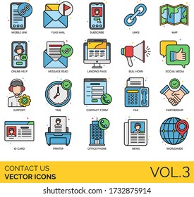 Contact us icons including mobile link, flag mail, subscribe, map, online help, message read, landing page, bullhorn, social media, support, time, form, fax, partnership, ID card, printer, worldwide.