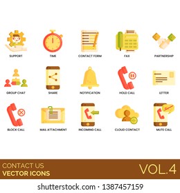 Contact us icons including support, time, form, fax, partnership, group chat, share, notification, hold call, letter, block, mail attachment, incoming, cloud, mute.