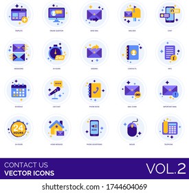 Contact us icons including template, online question, send, mailbox, messaging, 24 hours, contacts, info, schedule, live chat, phone book, mail chain, important email, home message, advertising, mouse