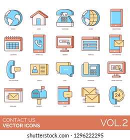 Contact us icons including world, home, telephone, globe, smartphone, calendar, call, website, template, text message, talk, profile, chat, online question, send mail, mailbox, messaging, 24 hours.