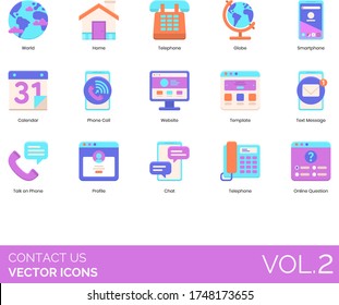 Contact us icons including world, home, telephone, globe, smartphone, calendar, call, website, template, text message, talk on phone, profile, chat, online question.