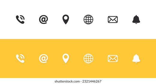 Contact us icons. Contact information icons on white and yellow background. Vector scalable graphics