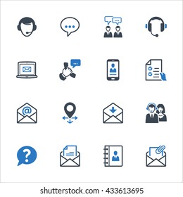 Contact Us Icons Set 1 - Blue Series. Set of icons representing customer assistance, customer service and support.