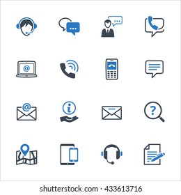 Contact Us Icons Set 3 - Blue Series. Set of icons representing customer assistance, customer service and support.