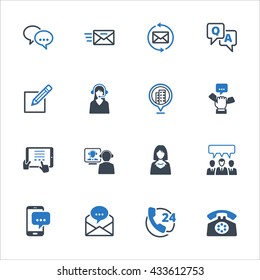 Contact Us Icons Set 5 - Blue Series. Set of icons representing customer assistance, customer service and support.