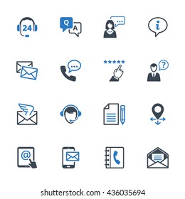 Contact Us Icons Set 6 - Blue Series. Set of icons representing customer assistance, customer service and support.
