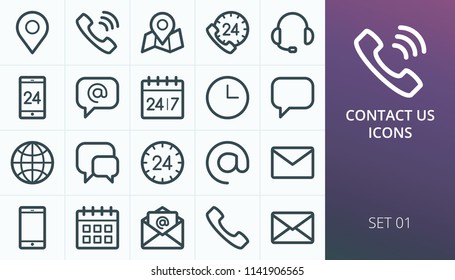 Contact us icons set. Set of business contact phone call, map maker, open email envelope, calendar, call us, call center, support, gps map location vector line icons.