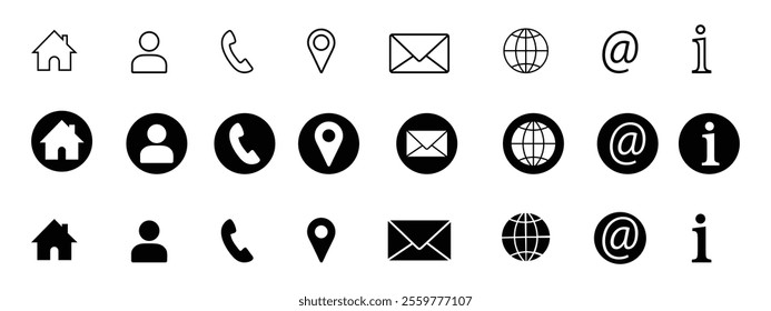 Contact us icons set. Business icon for company connection set in various style. Name, phone, mobile, place, location, mail, website and message card sign. Communication icon set. Web icon set.   