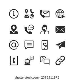 Contact us icons set. Contacting the business and whether the company. Options for contacting support. Consultation and question answering. Black and white style