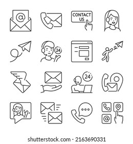 Contact us icons set.  Feedback. Ask a question, consultation, linear icon collection. Line with editable stroke