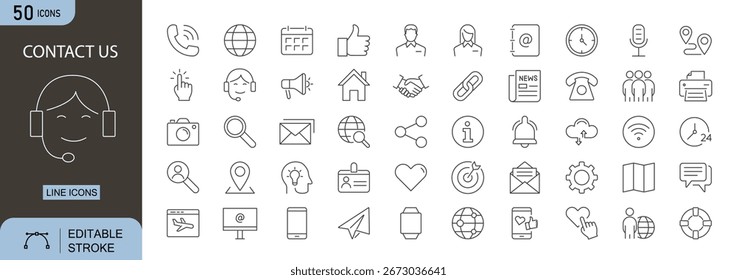 Ícones de Fale Conosco definidos. Inclui ícones para telefone, email, endereço, local, chat, suporte, atendimento ao cliente e ferramentas de comunicação. Traçado editável. Ícones de linha. Perfeito para infográficos.