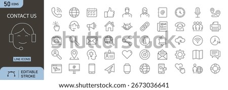 Contact Us icons set. Includes icons for phone, email, address, location, chat, support, customer service, and communication tools. Editable stroke. Line icons. Perfect for infographics.